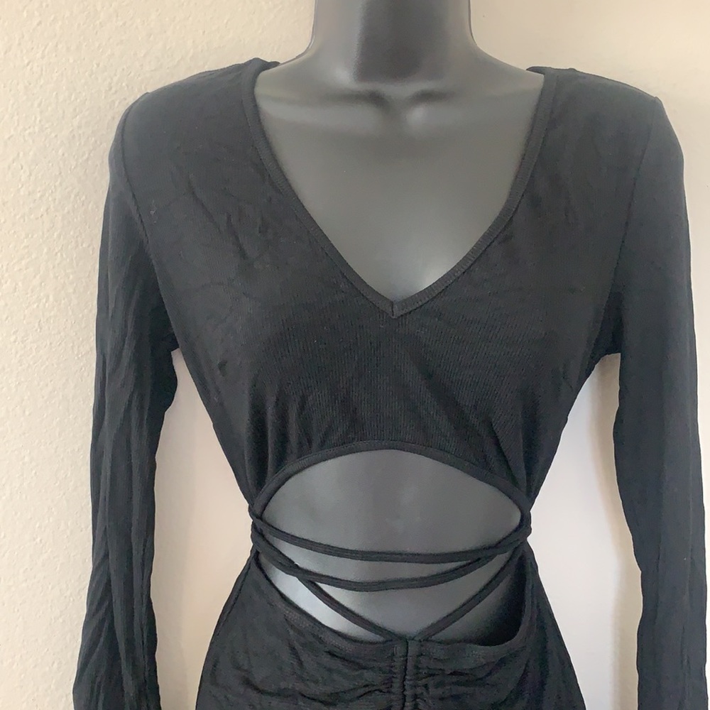 Princess Polly Noa Black Long Sleeve Ribbed Cut Out Criss Cross Tie Mini Dress - Picture 4 of 11